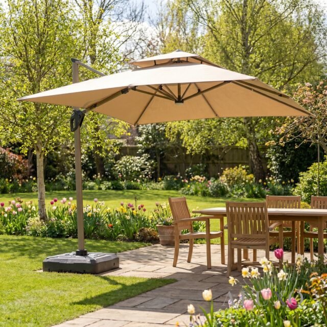 Camber 3m Square Cantilever Parasol with Solar LED Lights - Khaki Beige - The Panel & Paper Co image