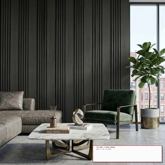 Premium Wide Random Rhythmic Slat Black Oak Wall Panels - 240cm x 30cm (Set of 2) - The Panel & Paper Co image