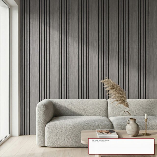 Premium Wide Random Rhythmic Slat Grey Oak Wall Panels - 240cm x 30cm (Set of 2) - The Panel & Paper Co image