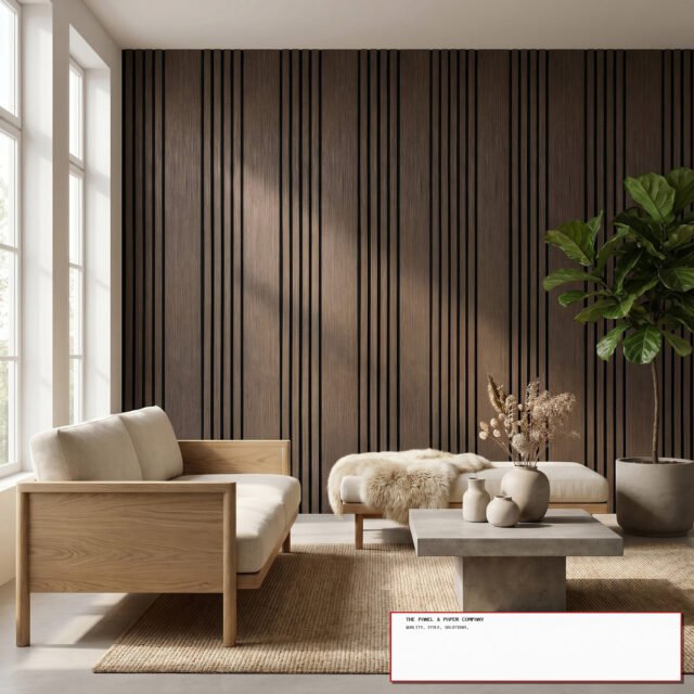 Premium Wide Random Rhythmic Slat Smoked Oak Wall Panels - 240cm x 30cm (Set of 2) - The Panel & Paper Co image