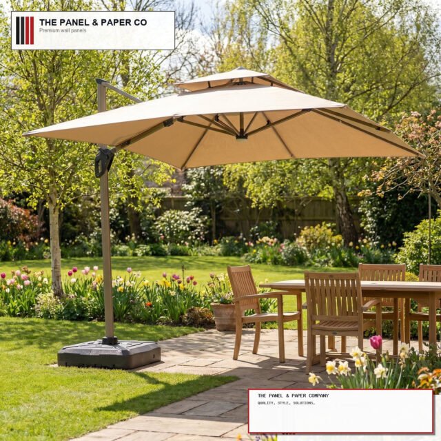 Garden 3m Square Cantilever Parasol with Solar LED Lights - Khaki Beige - The Panel & Paper Company