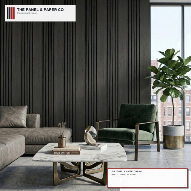 Signature Rhythmic Wide Slat Black Oak Wall Panels - 240cm x 30cm (Set of 2) - The Panel & Paper Company