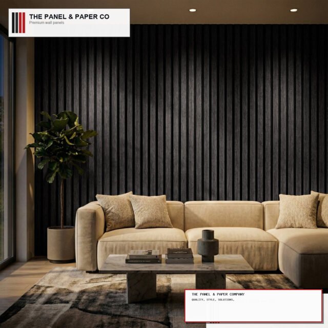 Signature Wide Slat 3-Sided Wood Veneer Black Oak Wall Panels - 240cm x 30cm (Set of 2) - The Panel & Paper Company