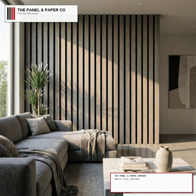 Signature Wide Slat 3-Sided Wood Veneer Grey Oak Wall Panels - 240cm x 30cm (Set of 2) - The Panel & Paper Company