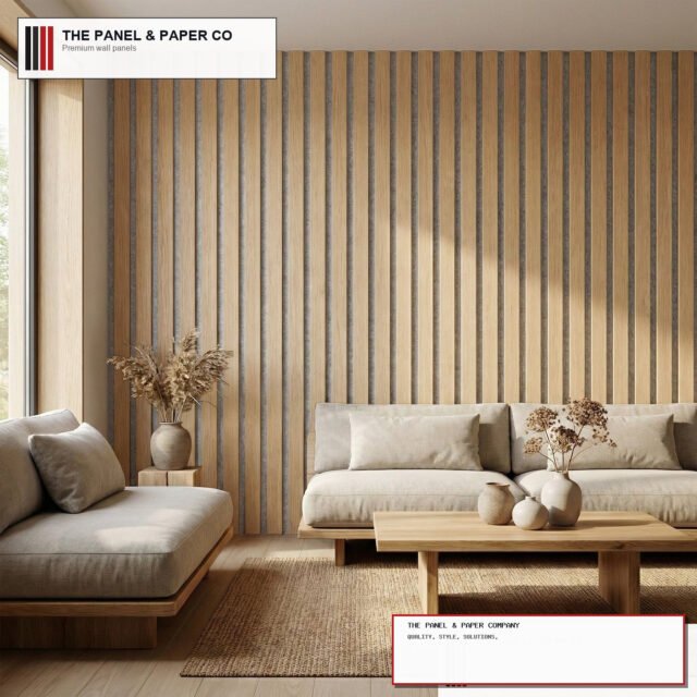Signature Wide Slat 3-Sided Wood Veneer Oak Wall Panels - Grey Felt Backing - 240cm x 30cm (Set of 2) - The Panel & Paper Company