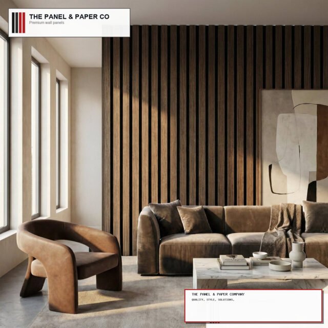Signature Wide Slat 3-Sided Wood Veneer Smoked Oak Wall Panels - 240cm x 30cm (Set of 2) - The Panel & Paper Company