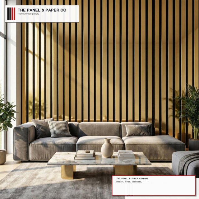 Signature Wide Slat Gold Coloured Wall Panel - 3-Sided Wrap Design 240cm x 30cm (Set of 2) - The Panel & Paper Company