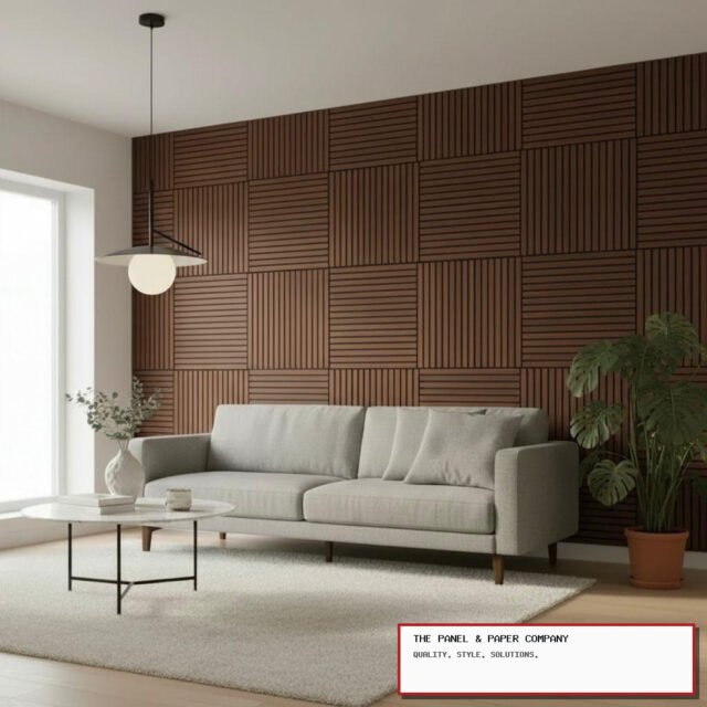 Walnut 60 x 60 acoustic wall panel pack of 4 installed in a room