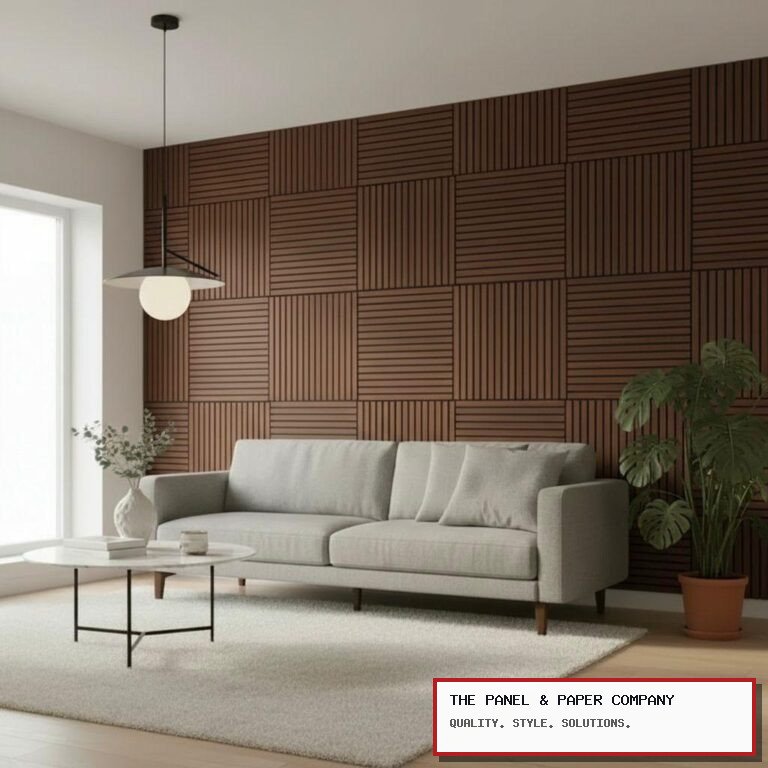 Walnut 60 x 60 acoustic wall panel pack of 4 installed in a room