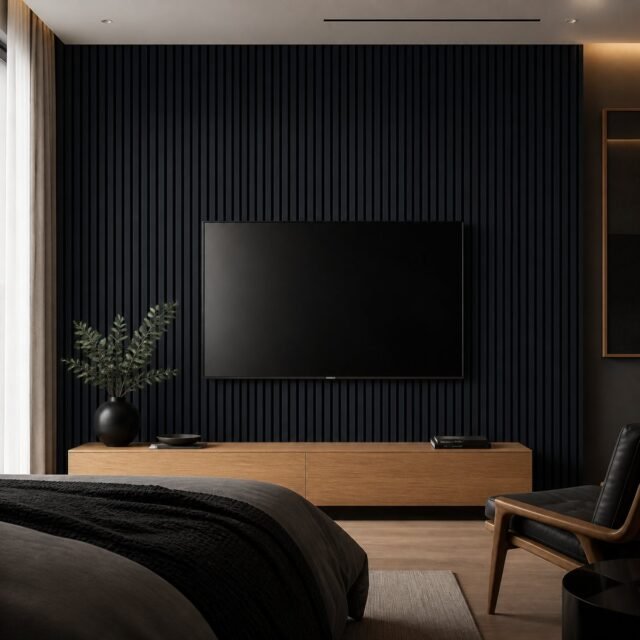 Black acoustic wall panel bedroom media wall