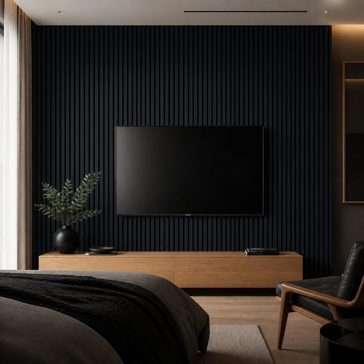 Black acoustic wall panel bedroom media wall