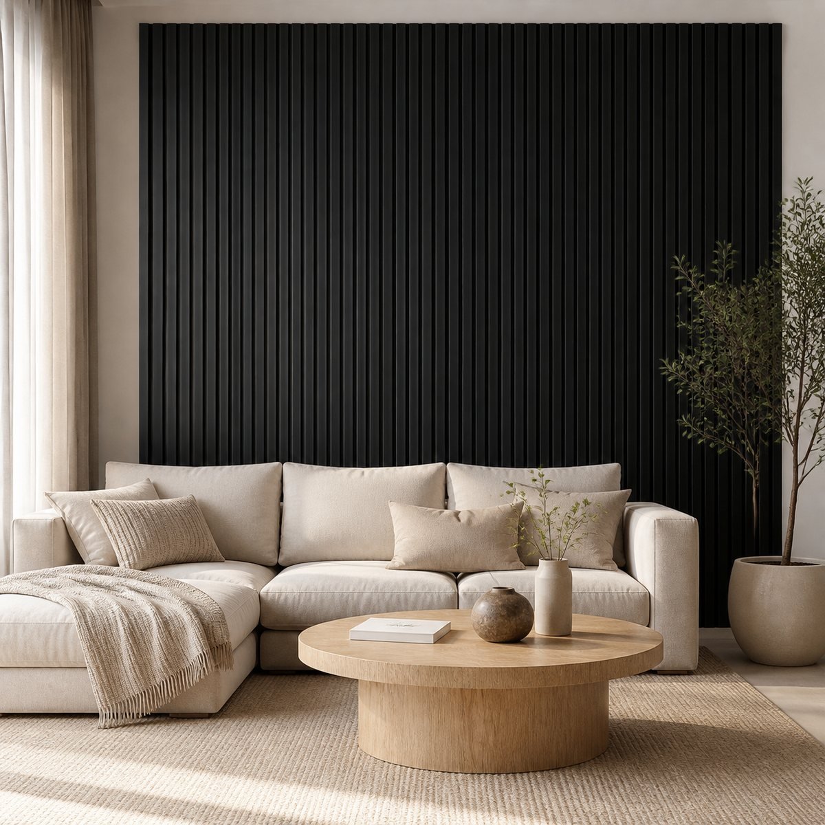 Black acoustic wall panel living room feature wall