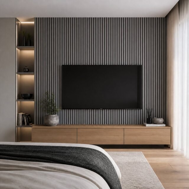 Light Grey acoustic wall panel bedroom media wall