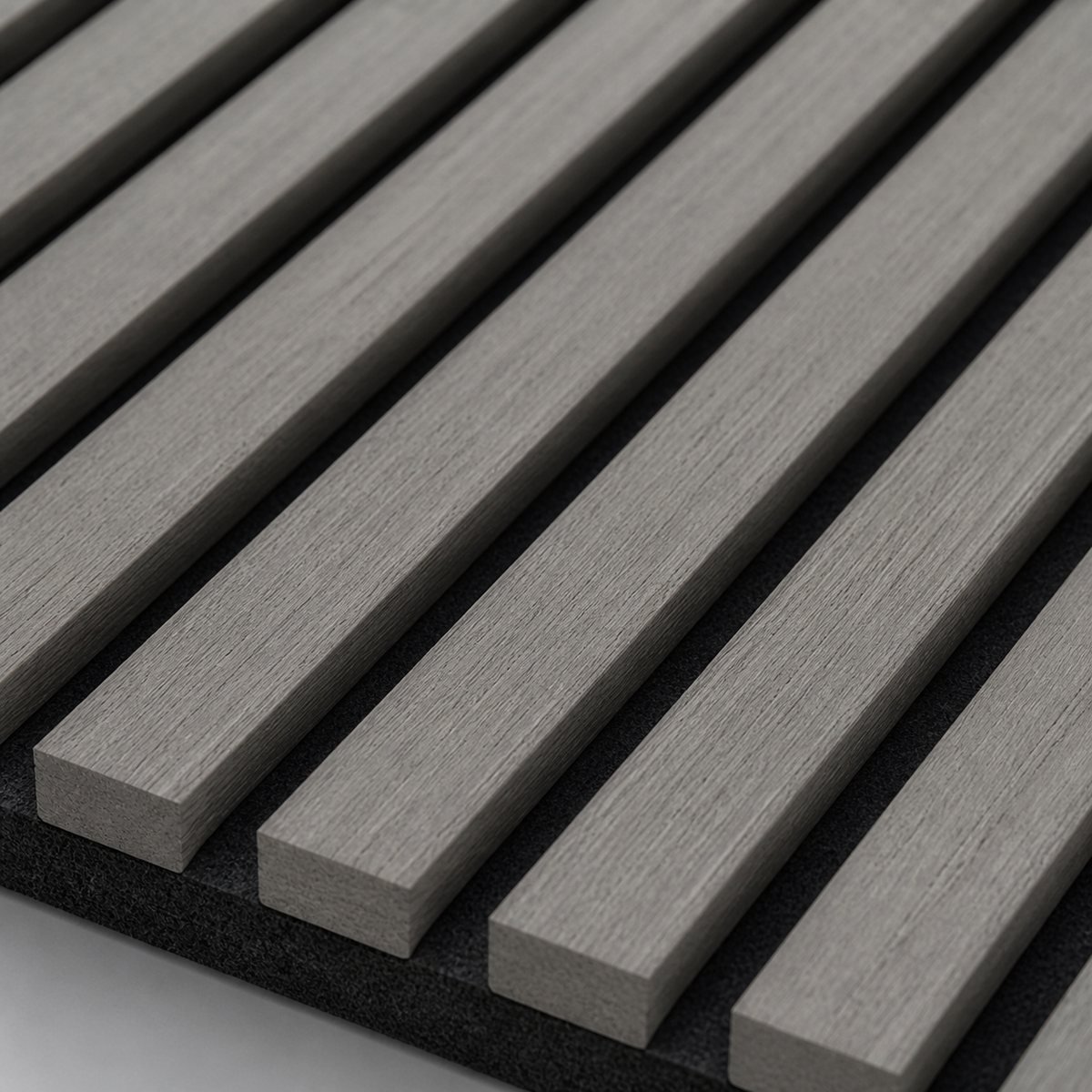 Light Grey acoustic wall panel slat and felt close-up
