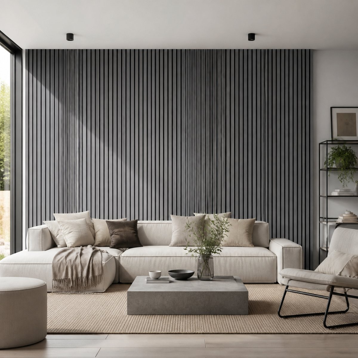 Light Grey acoustic wall panel living room feature wall