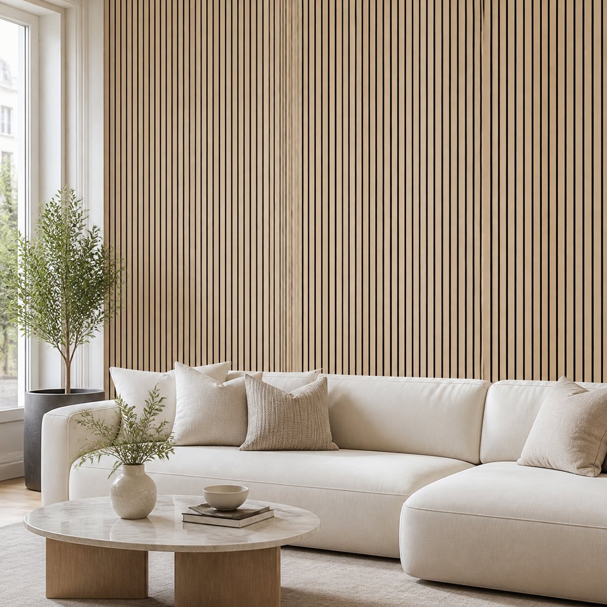Natural Oak acoustic wall panel living room feature wall