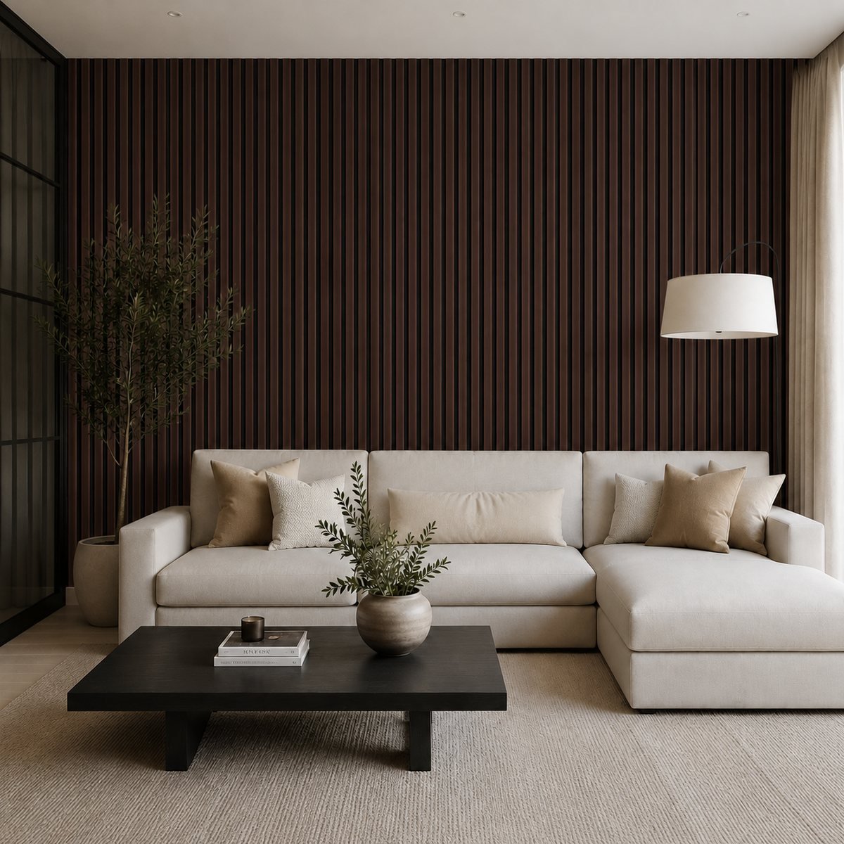 Smoked Oak acoustic wall panel living room feature wall
