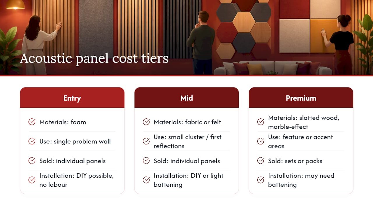 Three acoustic panel cost tiers and fitting routes