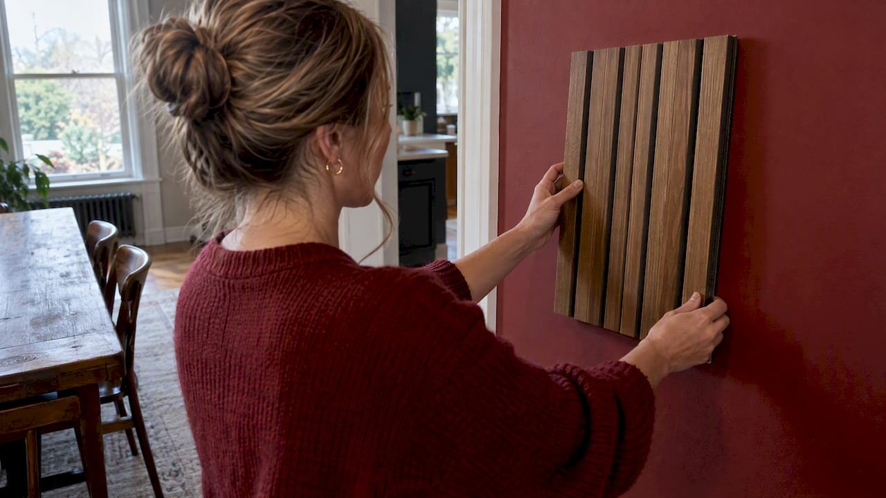Wood slat sample held against dining room wall