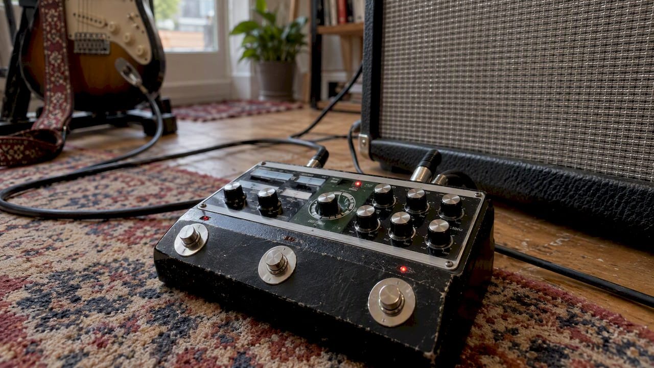 BOSS RE-202 pedal beside a guitar amplifier