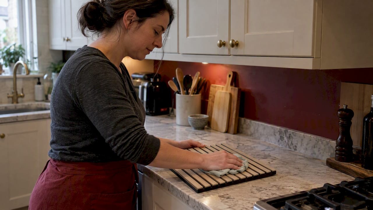 Homeowner wiping a kitchen panel sample