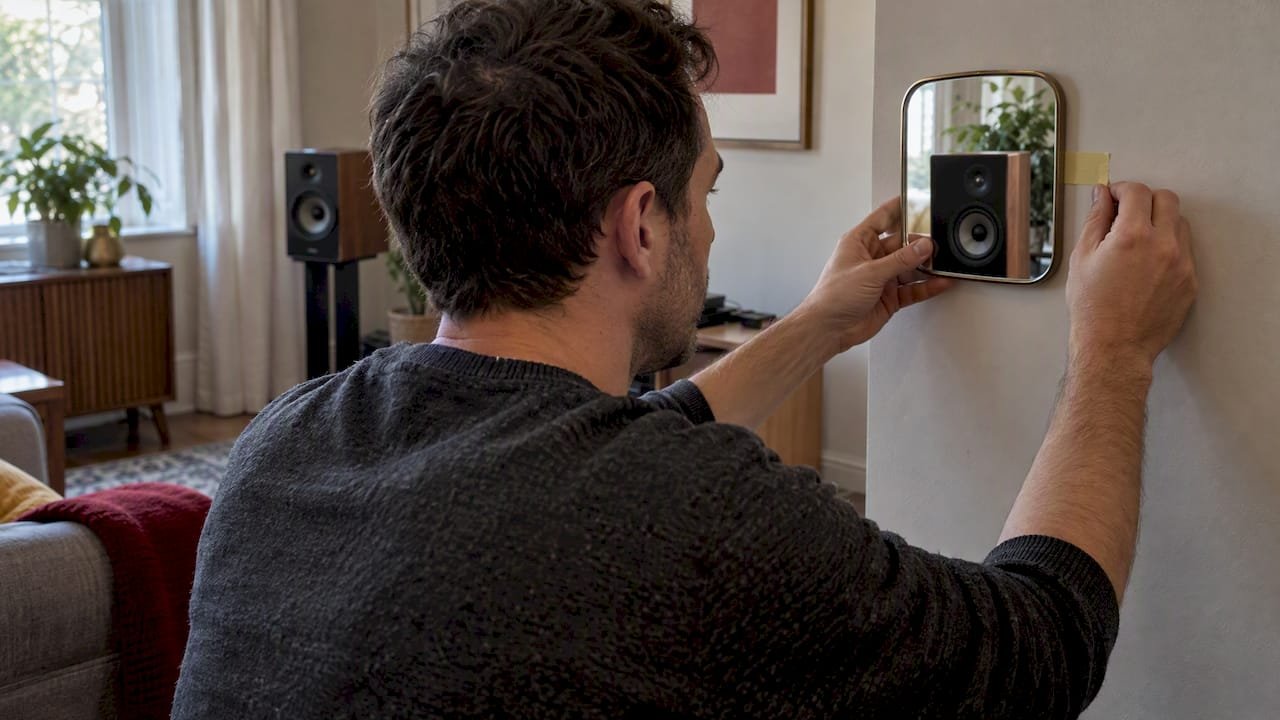 Mirror and tape mark a speaker reflection point