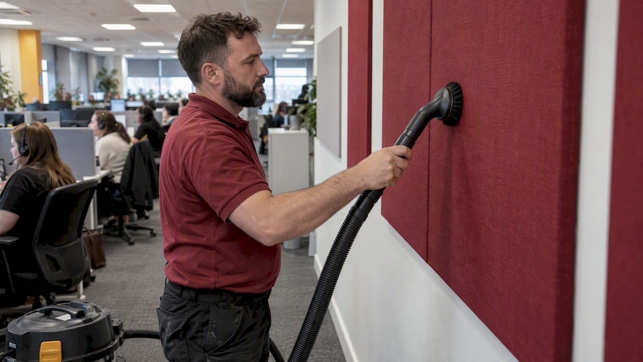 Facilities operative gently vacuuming acoustic wall panel